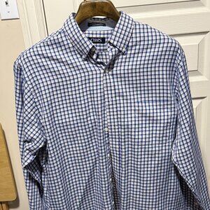 CHAPS Wrinkle Free Button-Down Dress Shirt Blue Tan Check Mens 16–16.5 34/35